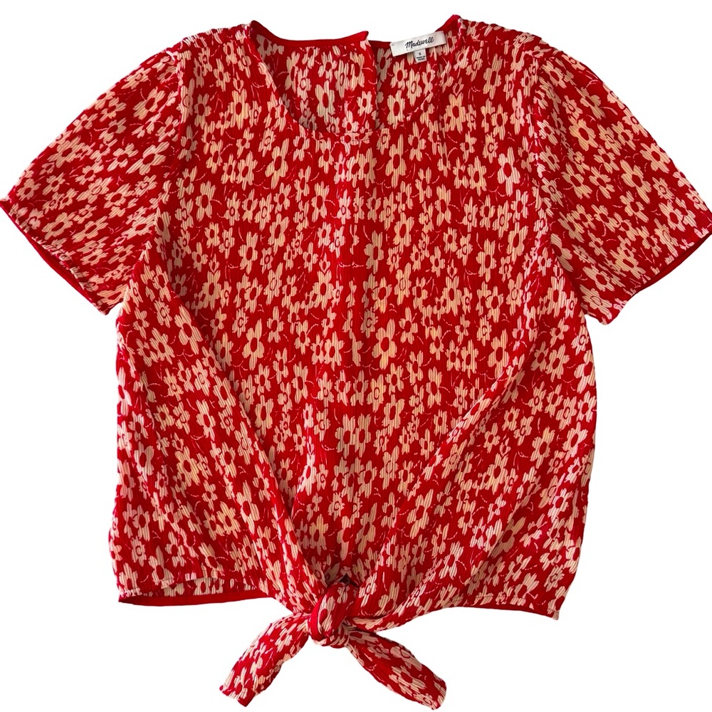 Madewell Floral Tie Front Button Back Red & Beige Crinkle Top Blouse Size Small